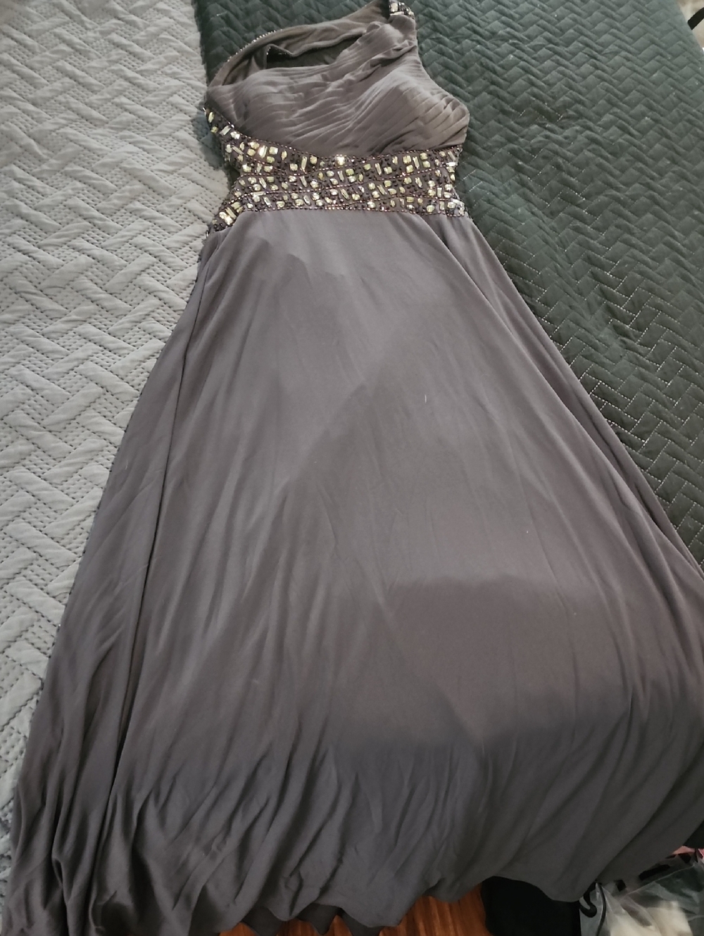 Adam One-Shoulder Gray Evening Dress with Beaded Waist